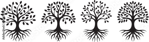 Monochrome Tree of Life Symbol Set with Roots and Branches, Black Silhouette Vector Illustration
