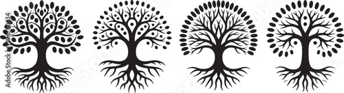 Black and White Ornamental Tree Silhouette Set with Leaves and Roots, Decorative Nature Vector Illustration