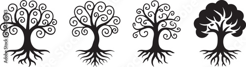 Black and White Ornamental Tree Silhouette Set with Leaves and Roots, Decorative Nature Vector Illustration