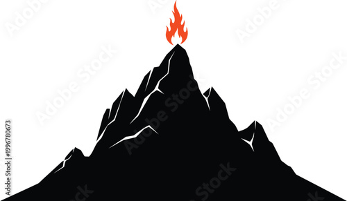 Volcanic Mountain with Eruption on White Background