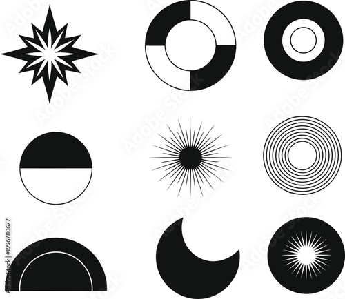 Modern Abstract Floral and Geometric Shape Icon Set with Circular and Radial Designs