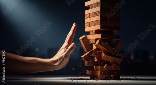 Hand stopping wooden blocks from falling game of skill.