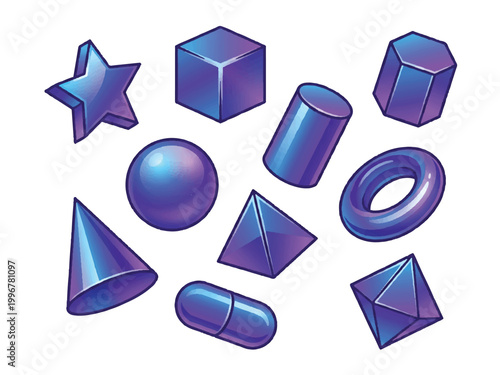 Blue metallic 3d geometric shapes icons set including star cube cylinder cone torus pyramid sphere