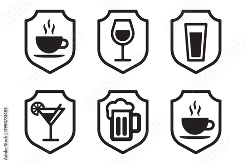 Beverage icons in shields coffee wine water cocktail beer, modern emblem badge design