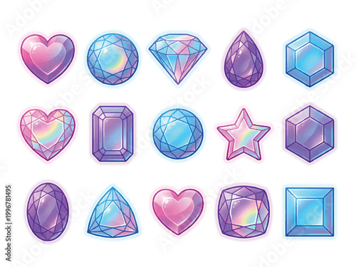 Cuadro en lienzo Cartoon style purple blue pink heart star diamond precious stone gem collection