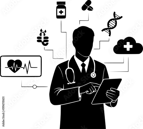 Digital Healthcare and Telemedicine Concept with Doctor on Laptop and Medical Icons Vector Illustration