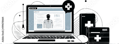 Digital Healthcare and Telemedicine Concept with Doctor on Laptop and Medical Icons Vector Illustration