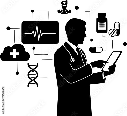 Digital Healthcare and Telemedicine Concept with Doctor on Laptop and Medical Icons Vector Illustration