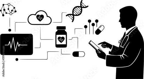 Digital Healthcare and Telemedicine Concept with Doctor on Laptop and Medical Icons Vector Illustration