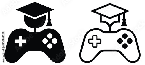 Two black and white icons combining graduation caps with video game controllers, vector illustration representing education and gaming, high quality professional concept for learning, e-sports, and 