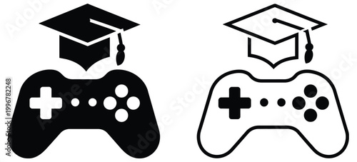 Two black and white combined icons featuring graduation caps and gaming controllers, vector illustration for education and gaming synergy, professional high quality design for learning, e-sports, and 