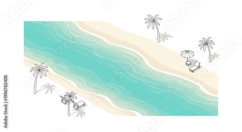 Aerial illustration depicts a tropical beach with turquoise water meeting the sandy shore, complemented by sketched palm trees and a beach umbrella, creating a serene and minimalist scene