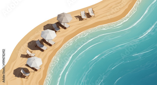 Aerial view showcases a tranquil beach scene with turquoise water gently lapping against the sandy shore, dotted with beach umbrellas and chairs, rendered in a bright, summery color palette