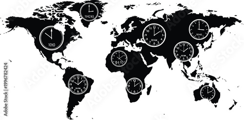 World Map with Multiple Clocks Showing Different Time Zones
