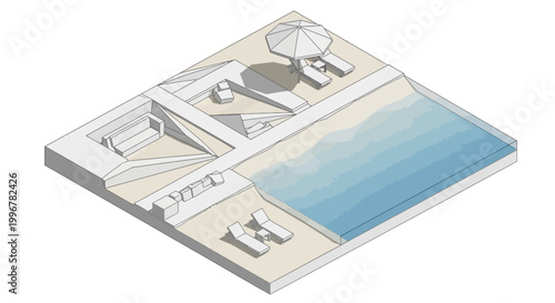 Isometric architectural rendering showcasing a stylized beachside resort with lounge chairs, an umbrella, and blue water against a clean white background, rendered in a minimalist style