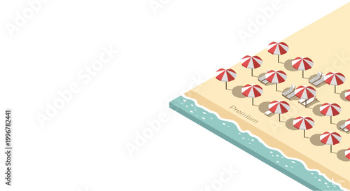 Isometric illustration showing a sandy beach with red and white umbrellas casting shadows, next to a blue wavy sea, rendered in a flat, minimalist style with bright, summery colors