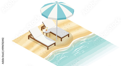 Isometric illustration featuring two white lounge chairs and a striped parasol on a sandy beach near gentle ocean waves, rendered in bright, pastel colors creating a relaxing, vacation-like
