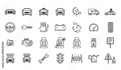 car, cars, vehicle, vehicles, auto, automobile, transport,  Civil car outline icon set with editable stroke linear vehicle collection for transport and automotive design
