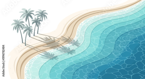 Overhead vector illustration presents an idyllic tropical beach with layered turquoise water meeting the sandy shore, where palm trees cast long shadows in a serene, minimalist composition