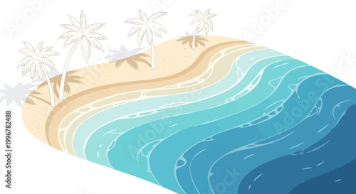 Stylized vector illustration of a tropical beach with turquoise waves meeting the sandy shore, showcasing palm trees under bright lighting against a clean white background for a summery
