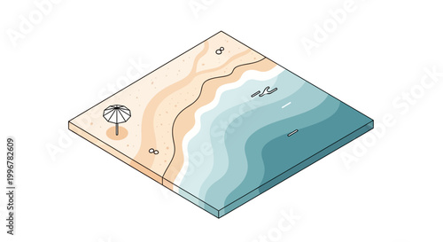 Isometric illustration depicts a beach scene with an umbrella and gentle waves lapping the shore, rendered with clean lines and pastel colors against a white background, conveying a serene