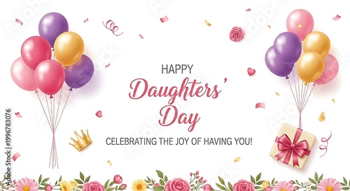 Happy Daughters' Day celebration with balloons and flowers