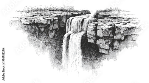 Hand-drawn black and white waterfall illustration, background isolated on a Transparent background, PNG file.