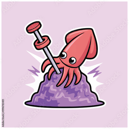 Tableau sur toile Cute cartoon squid impaled on a purple mound with a pushpin.