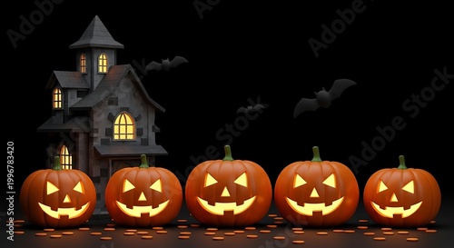 halloween pumpkins in front of spooky haunted house at night