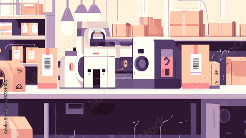 A stylized illustration depicting an industrial setting with a large machine, boxes, and shelving