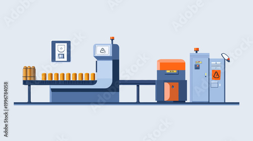 A stylized illustration of a factory production line with cylindrical goods