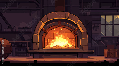 A cozy interior scene depicting a warmly lit brick oven with flames aglow