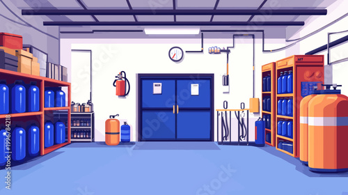 Cartoon-style illustration of a storage room with tanks, shelves, and a large blue door