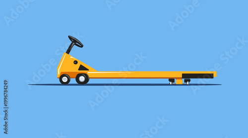 A side view of a yellow industrial pallet jack, isolated on a blue background