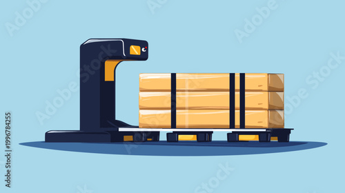 A robotic arm scanning a stack of packages secured with black straps on a pallet