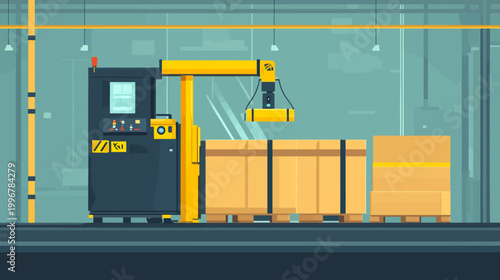 A stylized industrial scene featuring machinery lifting crates within a factory environment