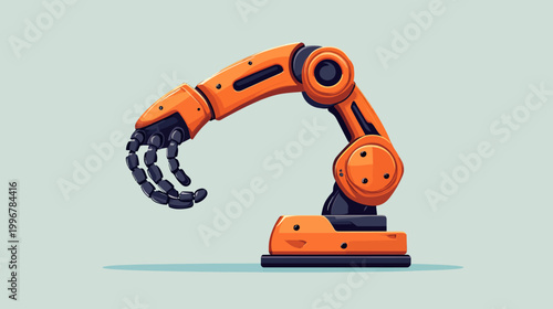 A stylized robotic arm, with an orange and black color scheme, and a simple geometric design
