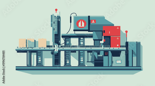 Stylized illustration of a complex industrial machine, with boxes on a conveyor system and various components