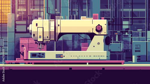 A digital illustration depicts a sewing machine in a geometric, industrial setting