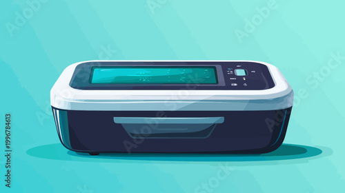 A stylized illustration of a printer on a solid turquoise background. Pixelated aesthetic and digital art