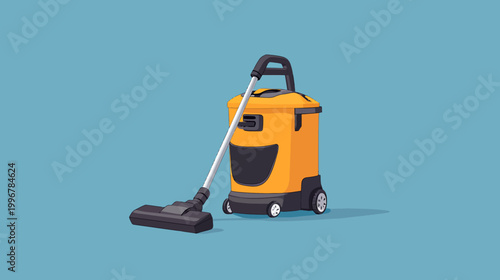 Digital illustration of an orange and black cylindrical vacuum cleaner with wheels. Against a blue background