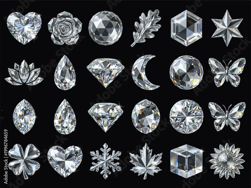 Collection of various clear crystal gemstones and shapes  hearts moons stars leaves flowers butterflies