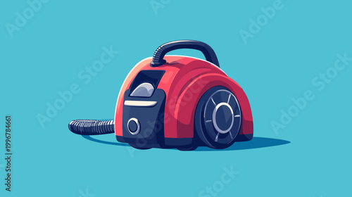 Illustration of a red and black vacuum cleaner with a handle, hose, and wheels on a teal background