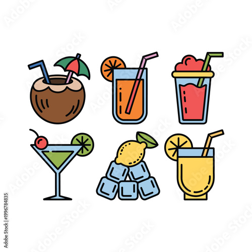 Cocktail vector icons set with colorful drinks and glasses illustrations