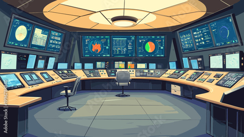 Pixelated illustration of a circular control room with multiple screens displaying data and controls