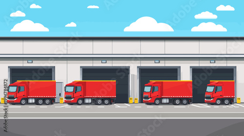 A cartoon scene featuring a warehouse with several loading docks and red trucks ready for transport