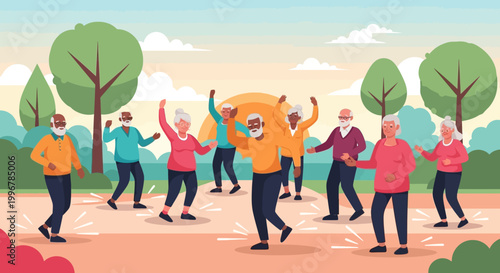 Group of seniors exercising outdoors together.