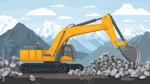 Illustration of an excavator on a construction site with mountains in the background