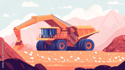 A vibrant digital illustration of a heavy-duty mining truck operating in a mountainous environment