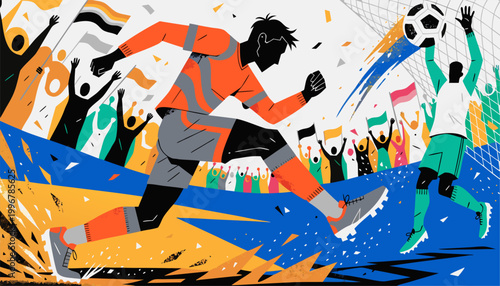 A vibrant illustration of a soccer player kicking a ball with a goalkeeper and cheering crowd in the background.